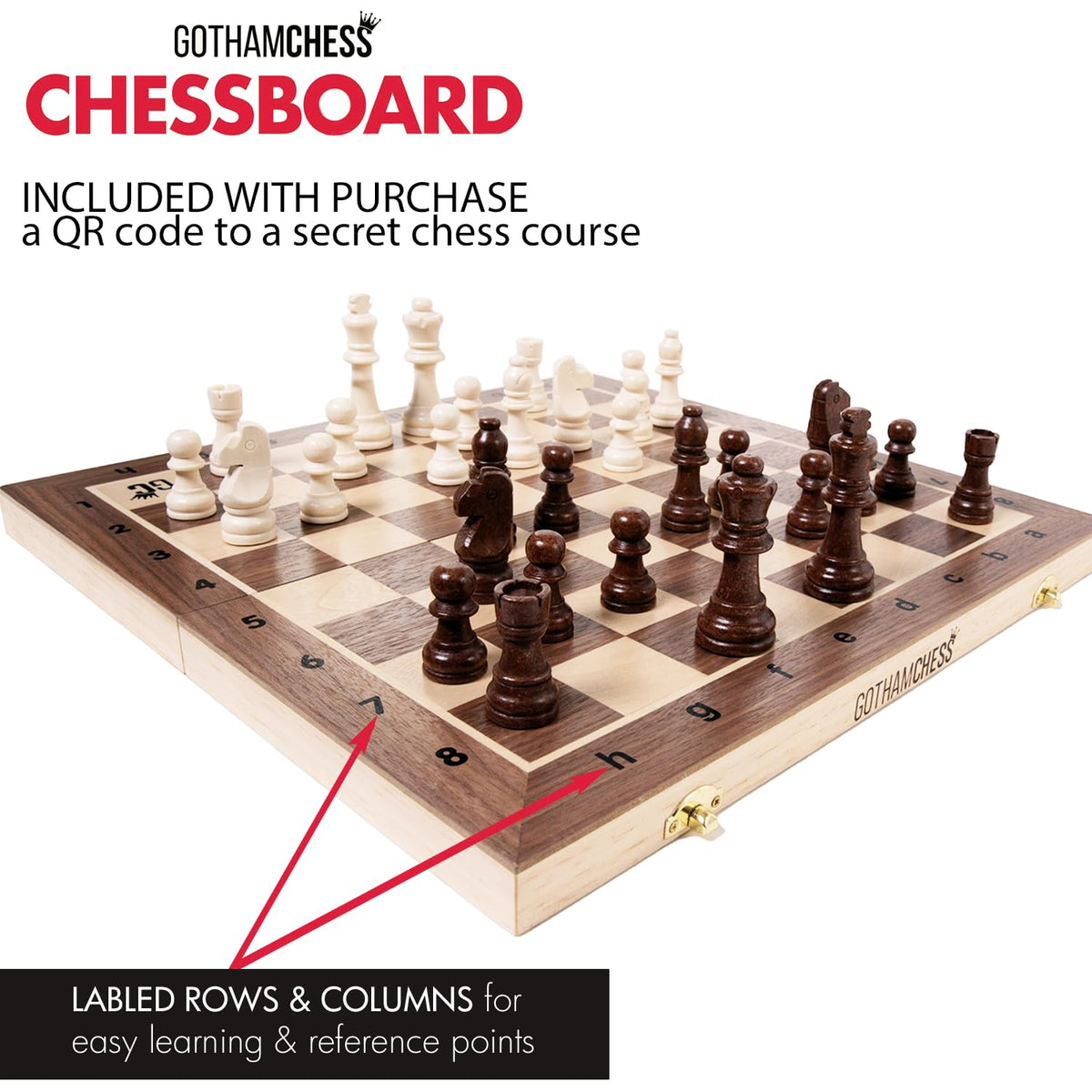 GothamChess Board premium pieces with velvet bottoms for quiet moves.