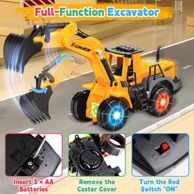 ALOTJOY excavator toy features flashing lights to attract attention.