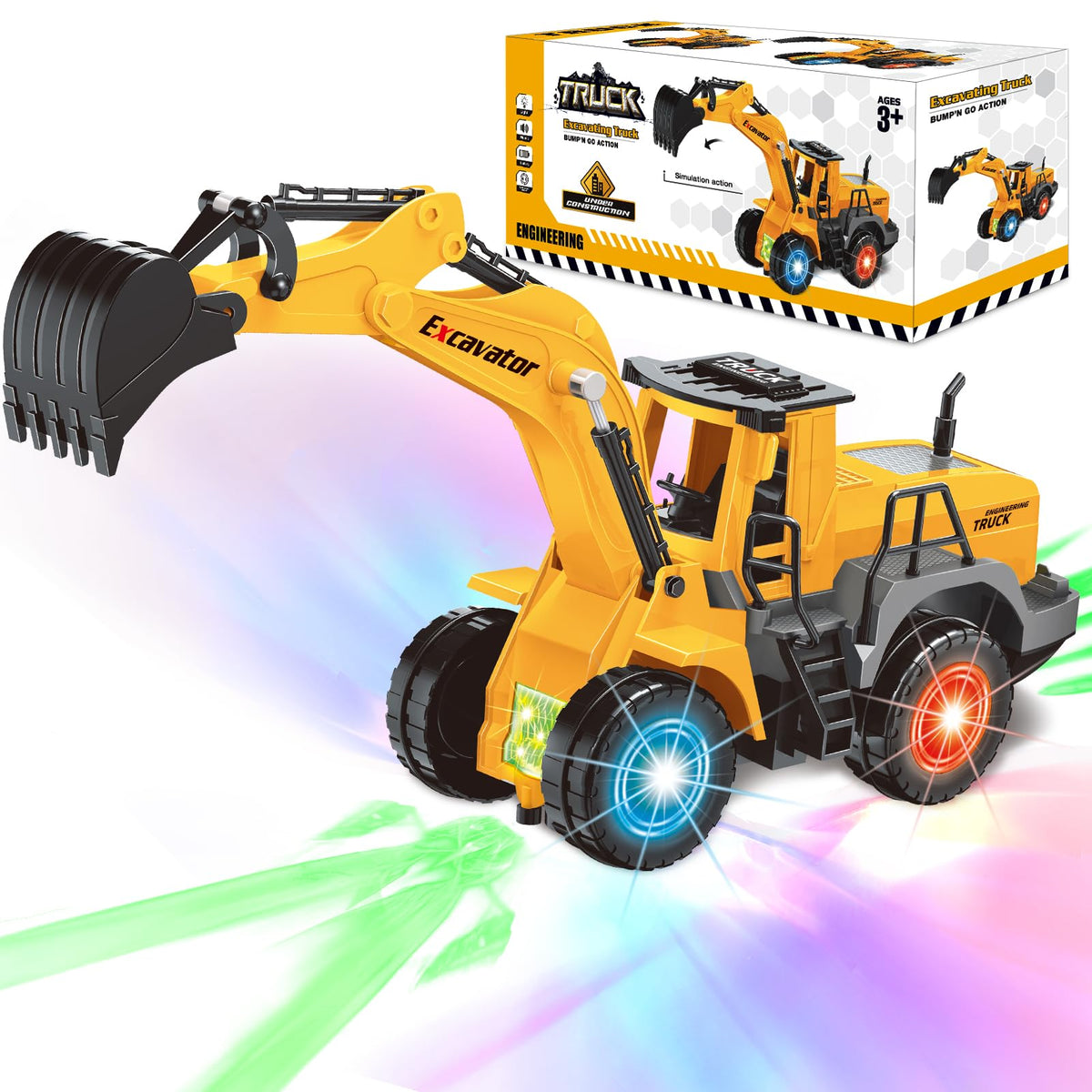 ALOTJOY excavator toy with lights and music for engaging toddler play.
