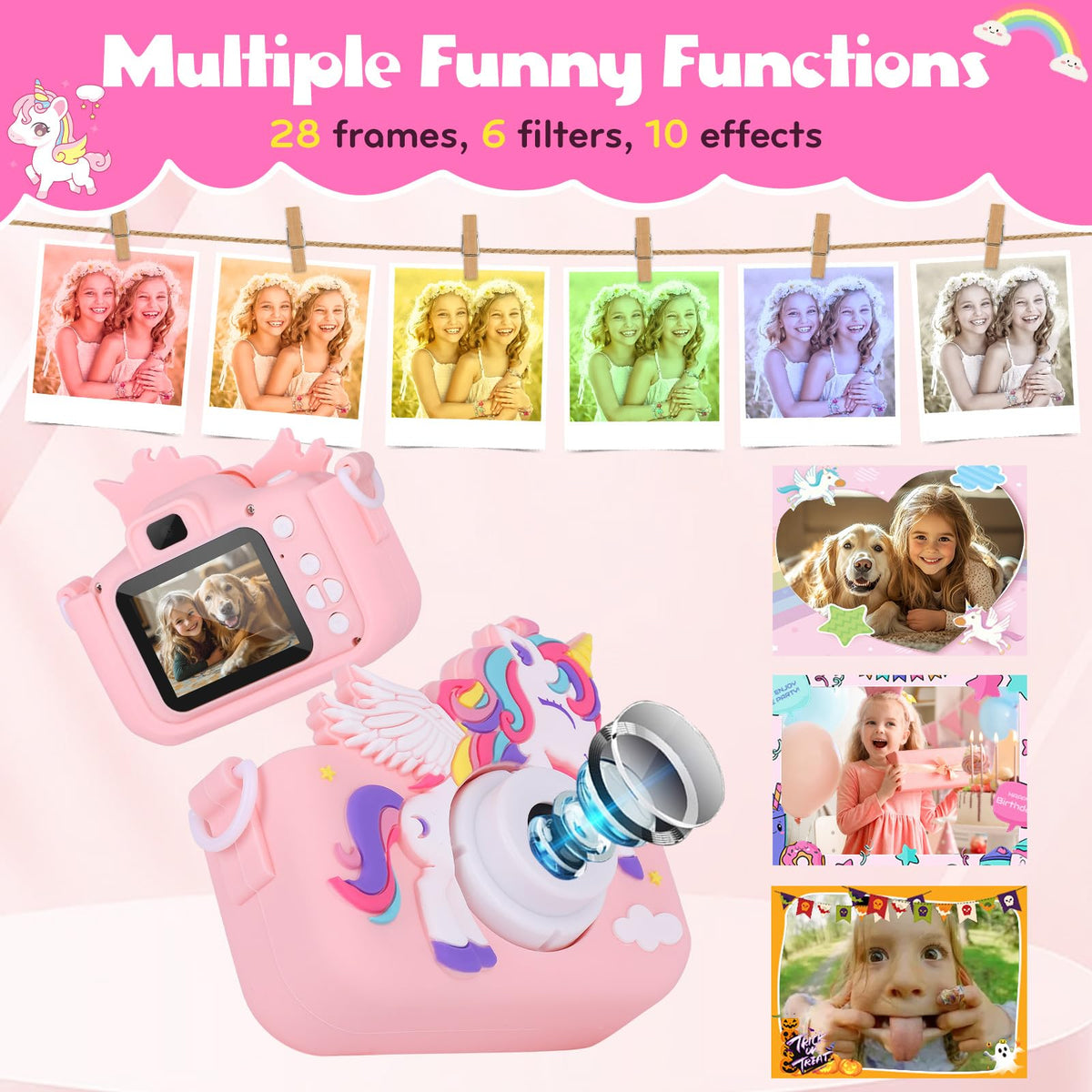 Alotwan unicorn kids camera battery and USB-C charging in pink
