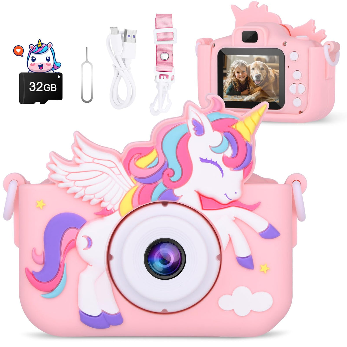 Alotwan unicorn kids camera pink front view with easy grip for tiny hands