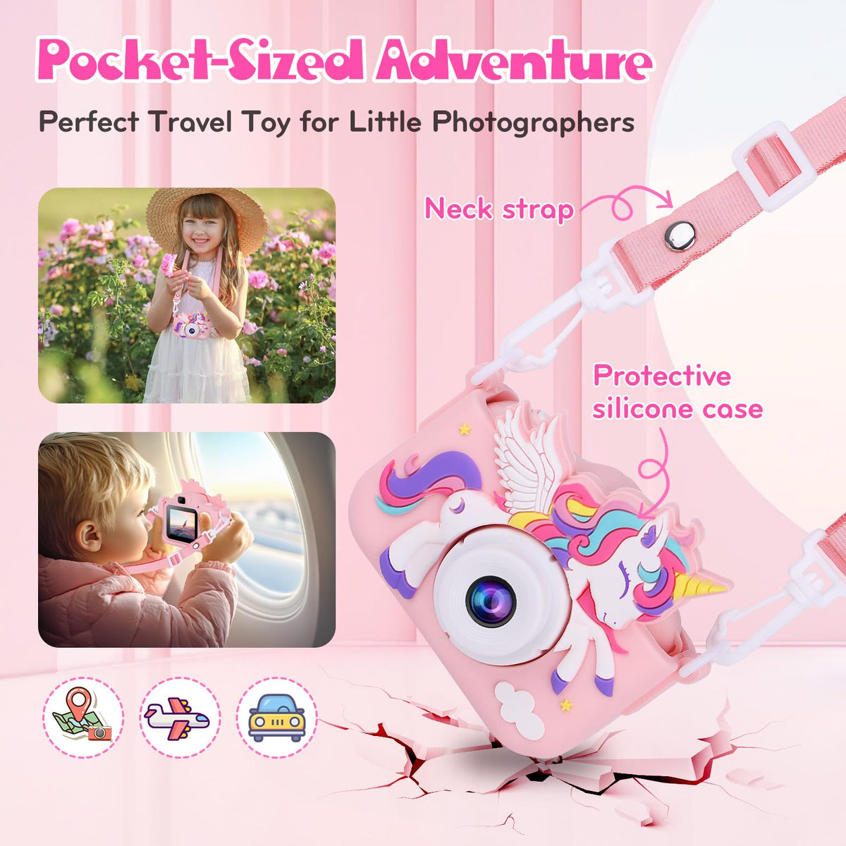 Alotwan unicorn kids camera in use during outdoor adventure in pink