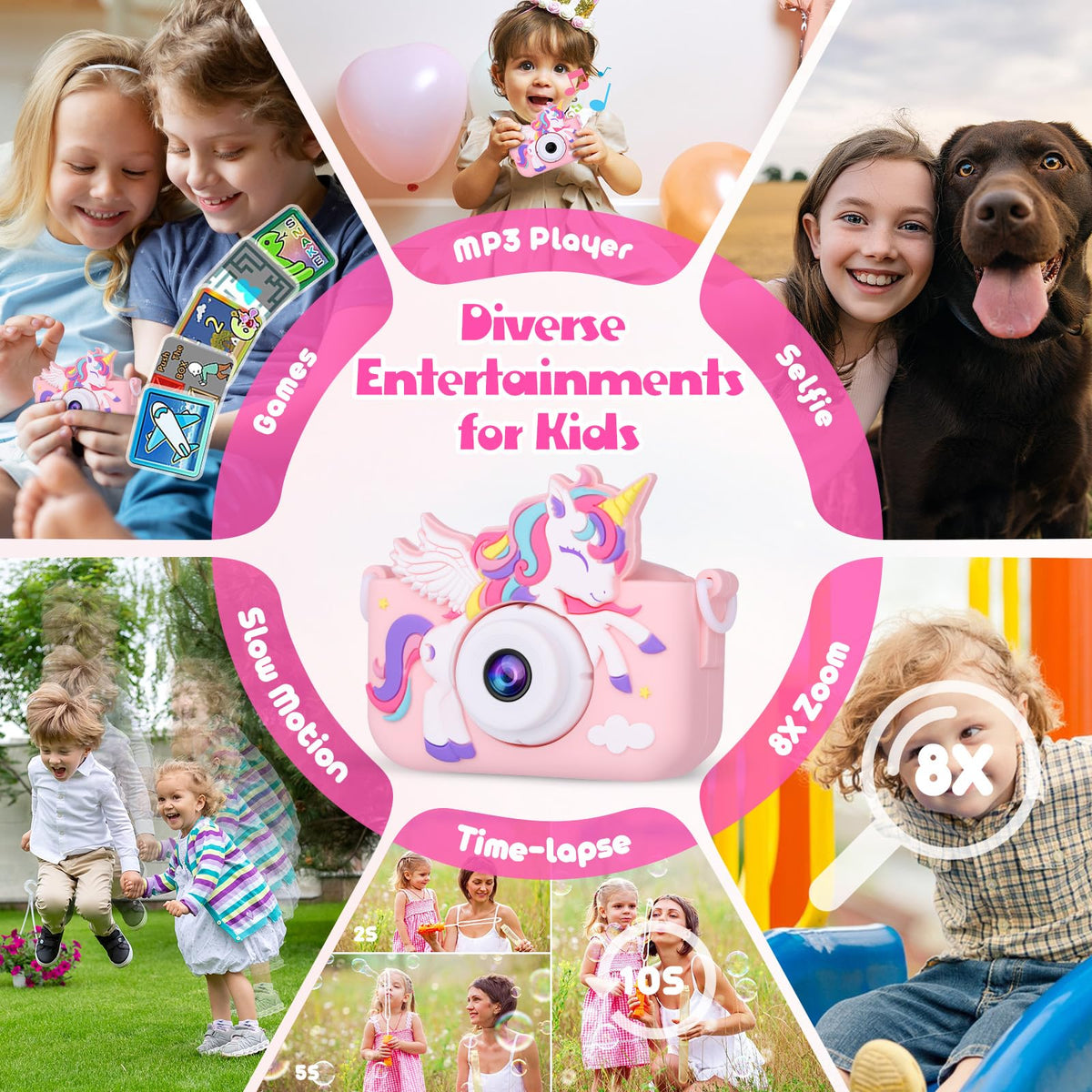Alotwan unicorn kids camera with 32GB memory card for ample storage