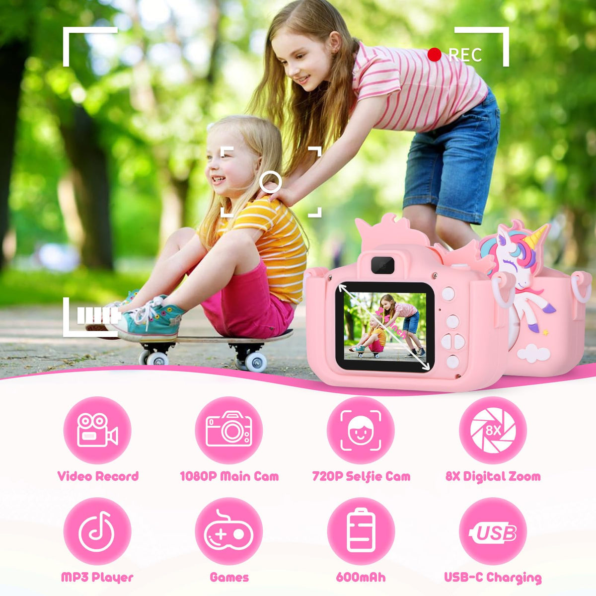 Alotwan unicorn kids camera pink side view showing ergonomic design