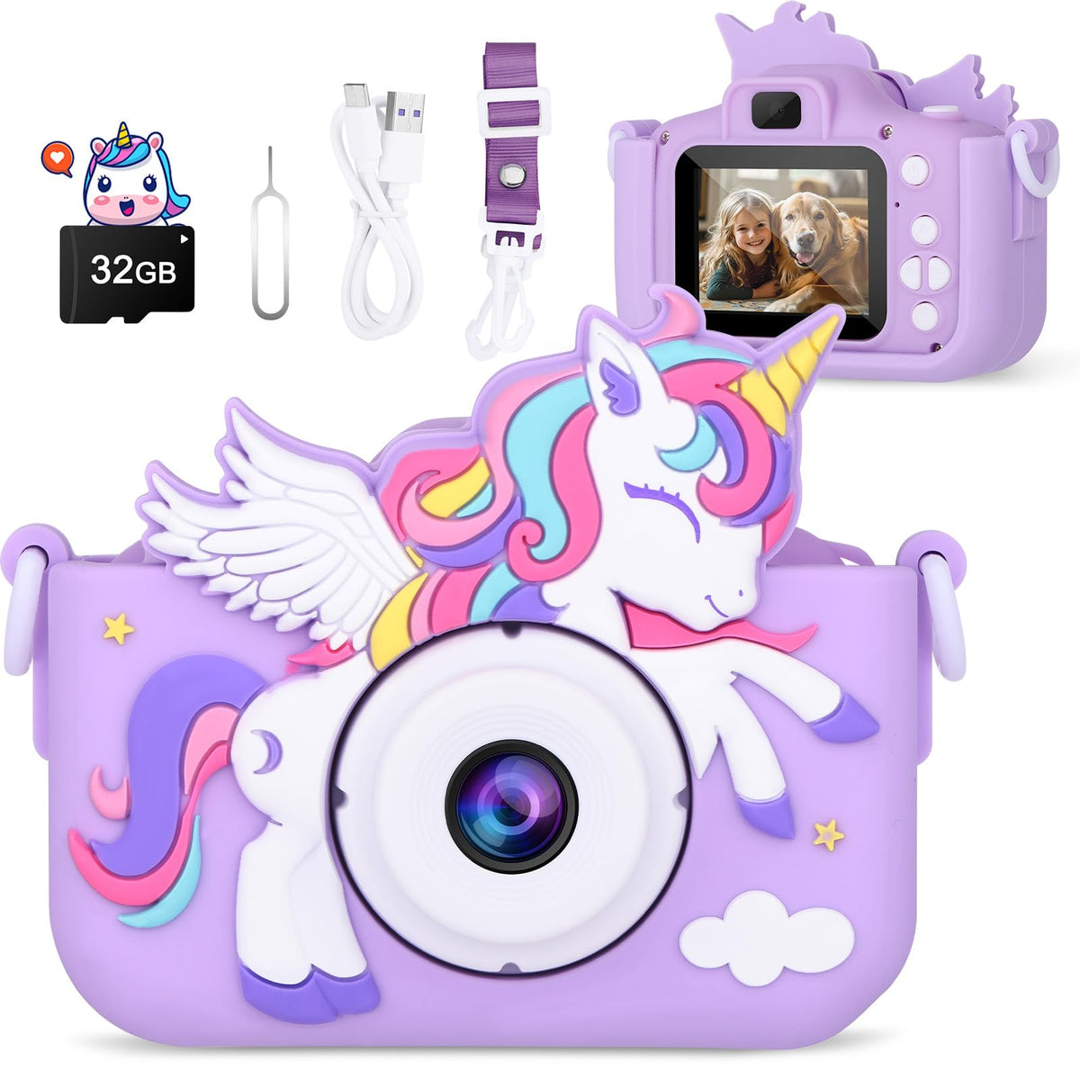 Alotwan Kids Camera Unicorn Purple — colorful design encourages outdoor exploration and creativity.
