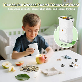 Alotwan Kids Microscope contents include neck strap, cable, 8GB card, and manual.