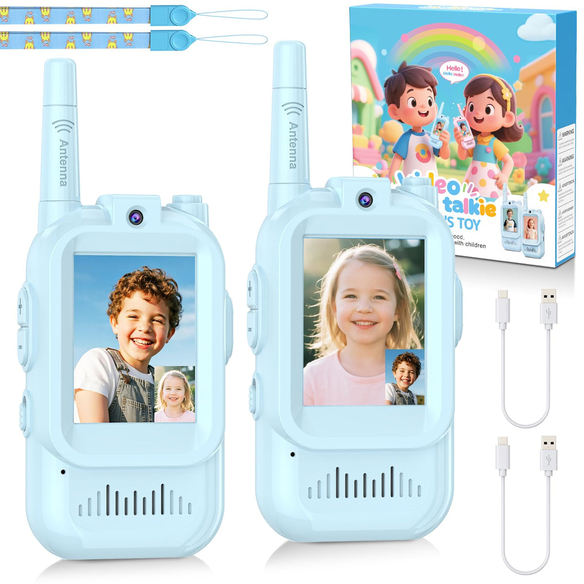 Alotwan kids video walkie talkie 2pack pack shot highlighting compact kid friendly design for group play
