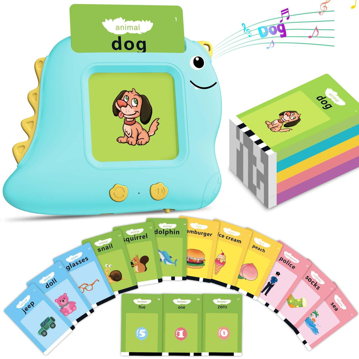 Alotwan talking flash card dinosaur spread shows colorful images to spark vocabulary.