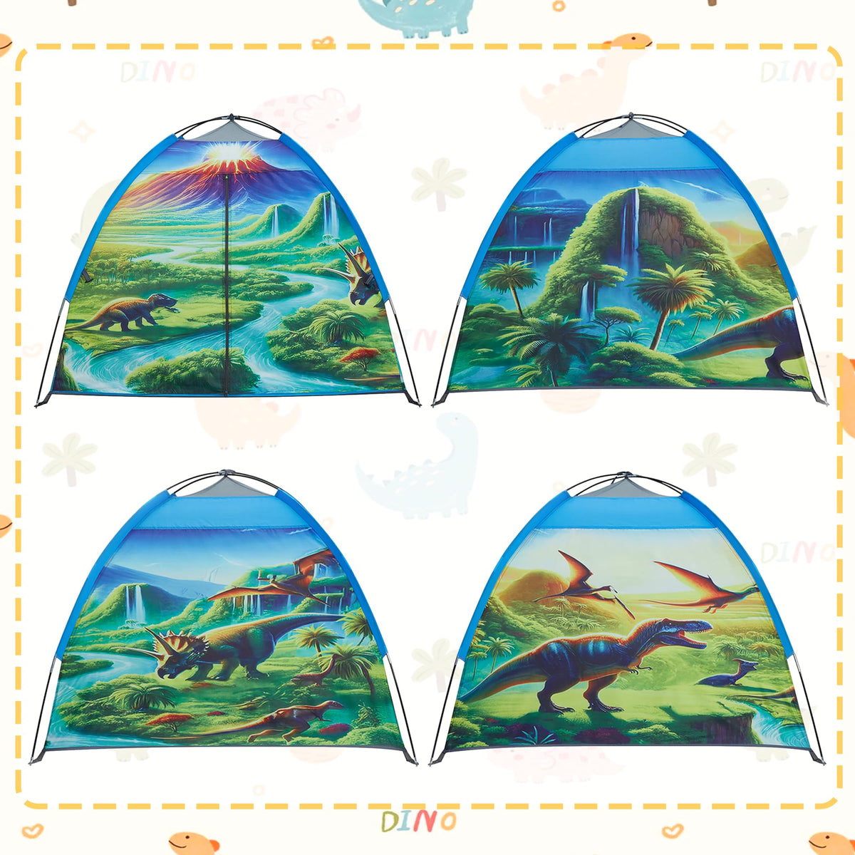 Alprang dinosaur tent assembly with fiberglass poles ready for quick setup.