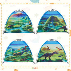 Alprang dinosaur tent assembly with fiberglass poles ready for quick setup.