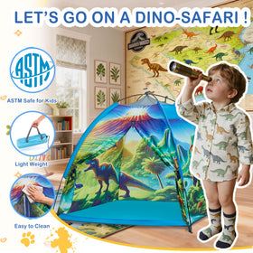 Alprang dinosaur tent interior showing spacious space for kids and toys.