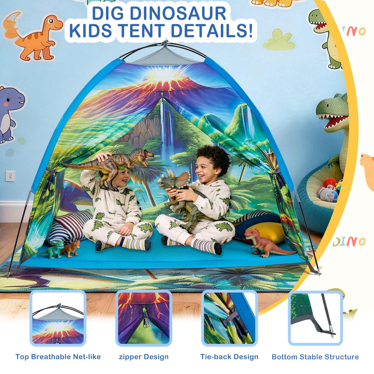 Alprang dinosaur tent spacious area ideal for friends and adventures.