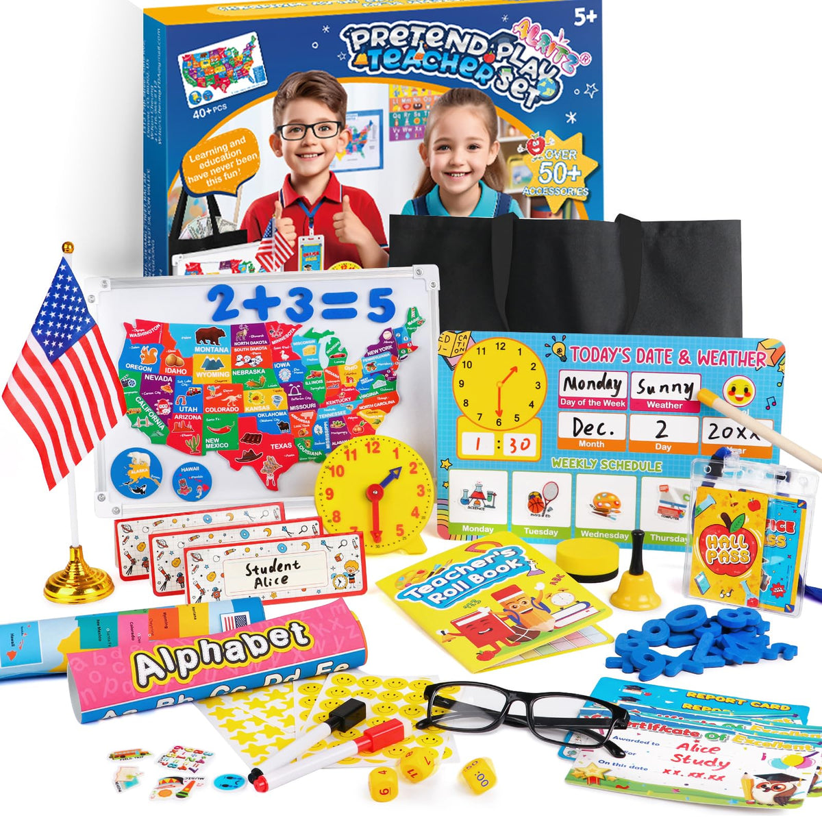 Alritz Pretend Teacher Kit map puzzle on a whiteboard for geography learning and play