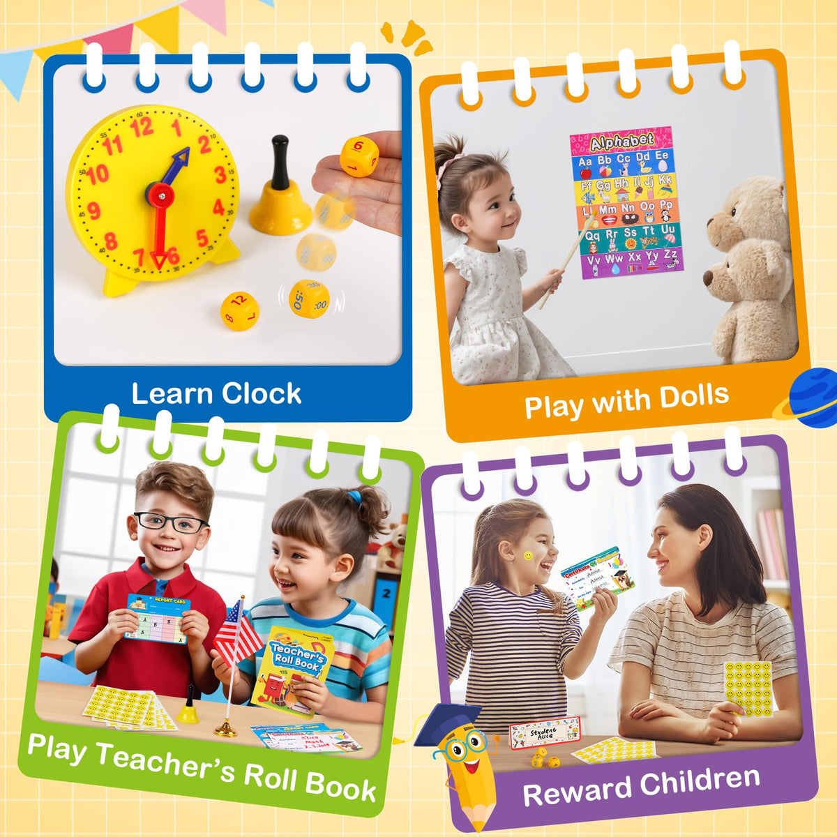 Alritz Pretend Teacher Kit posters promoting literacy and geography themes