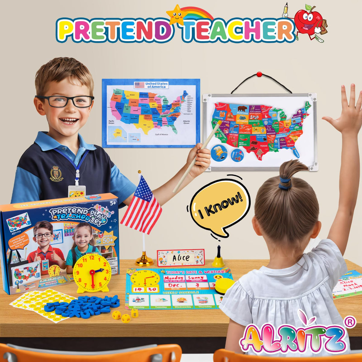 Alritz Pretend Teacher Kit whiteboard with magnetic map and learning tools