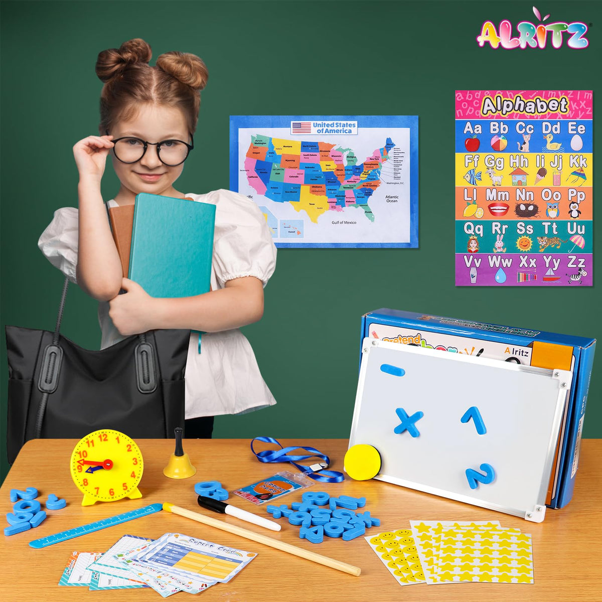 Alritz Pretend Teacher Set bell highlights interactive classroom moments during play.