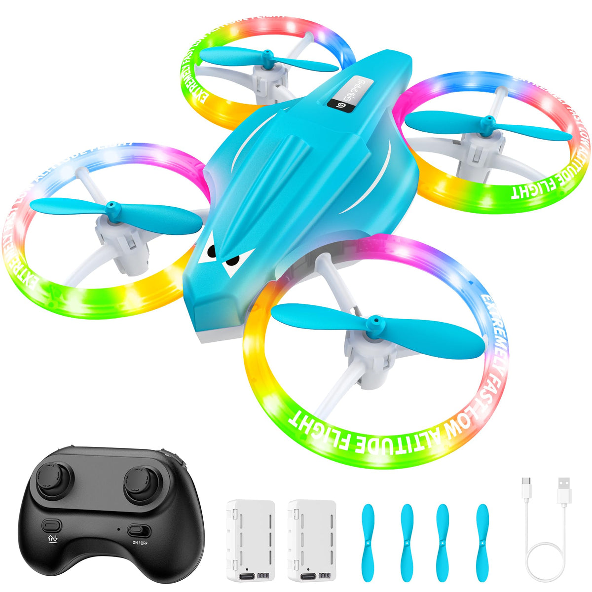 ALTITACO Kids Drone light-blue front view with LEDs for indoor fun