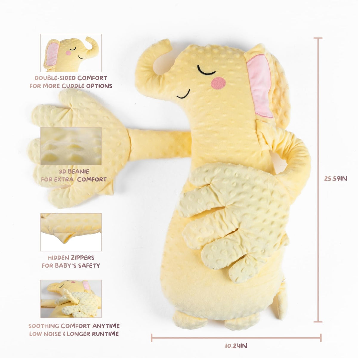Alvemo baby soothing patting hand elephant face detail with friendly expression