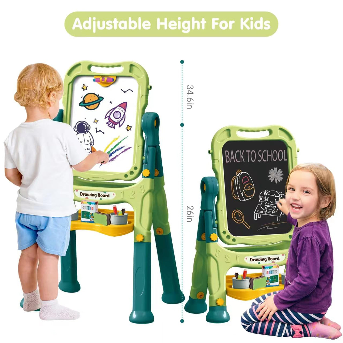 Amagoing easel's double-sided chalkboard and whiteboard for versatile learning.