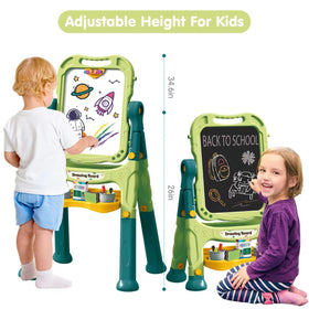 Amagoing easel's double-sided chalkboard and whiteboard for versatile learning.