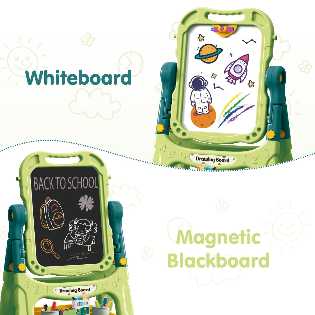 Amagoing easel folds flat for compact storage and portability.