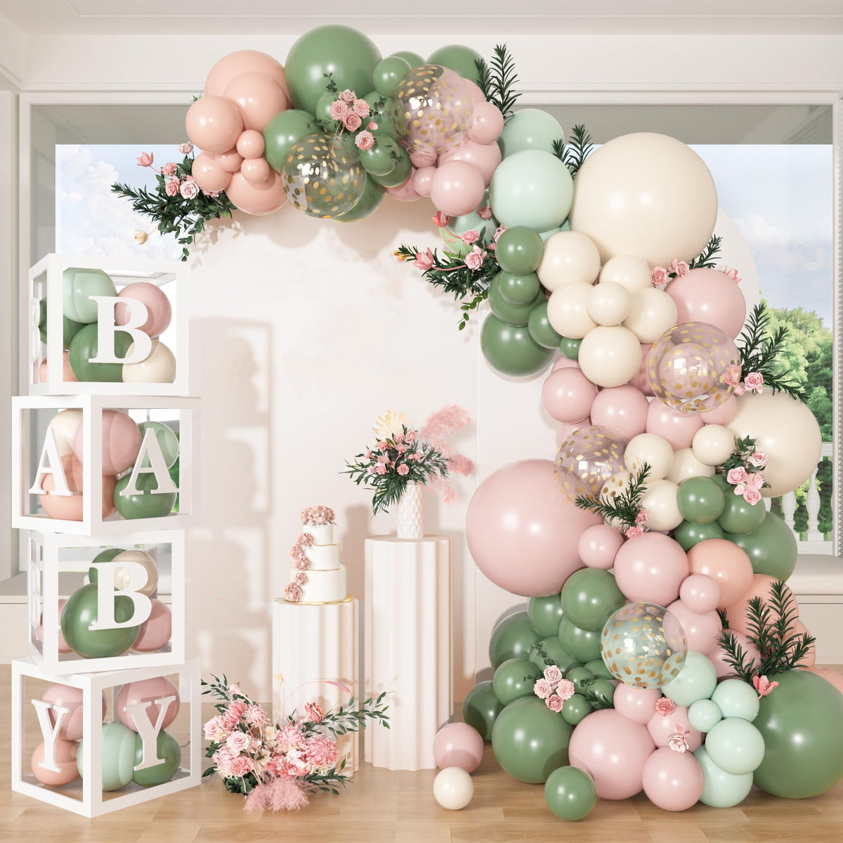 Amandir Baby in Bloom arch kit with 18-inch pink and ivory balloons, ideal backdrop.