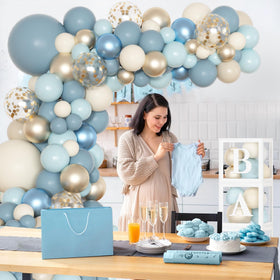 AMANDIR baby shower banner dusty blue theme creates a coordinated party look.
