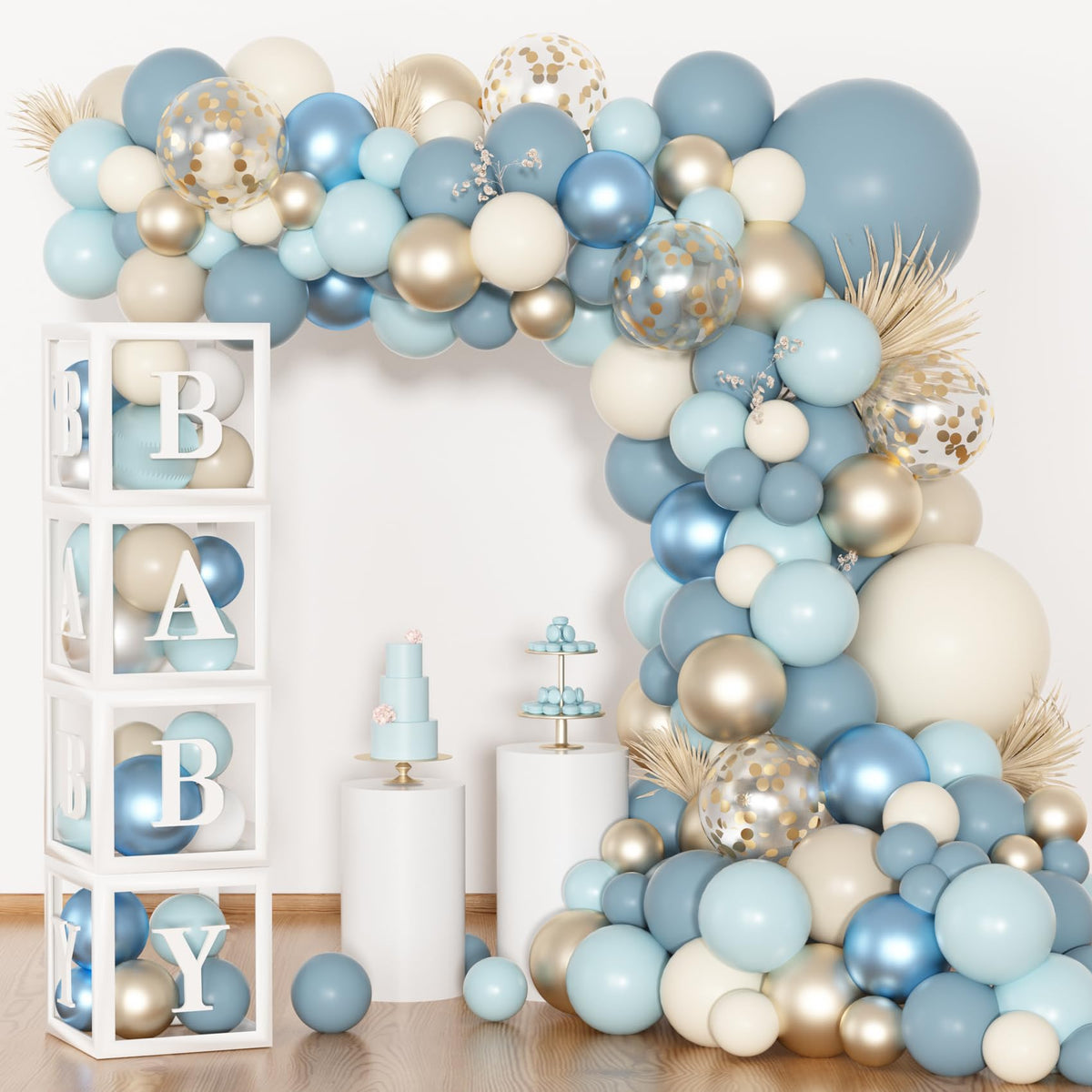 AMANDIR dusty blue balloon arch kit enhances baby shower decor with cohesive garland.