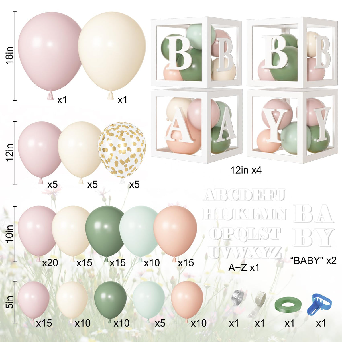 Amandir pink and sage green balloons arranged for a chic boho baby shower centerpiece.