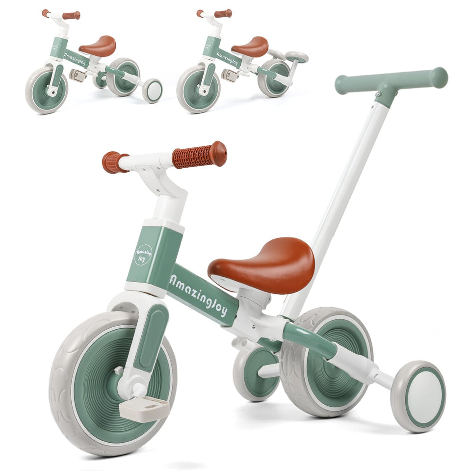 AmazingJoy 6-in-1 tricycle modes show versatile growth stages for toddlers.
