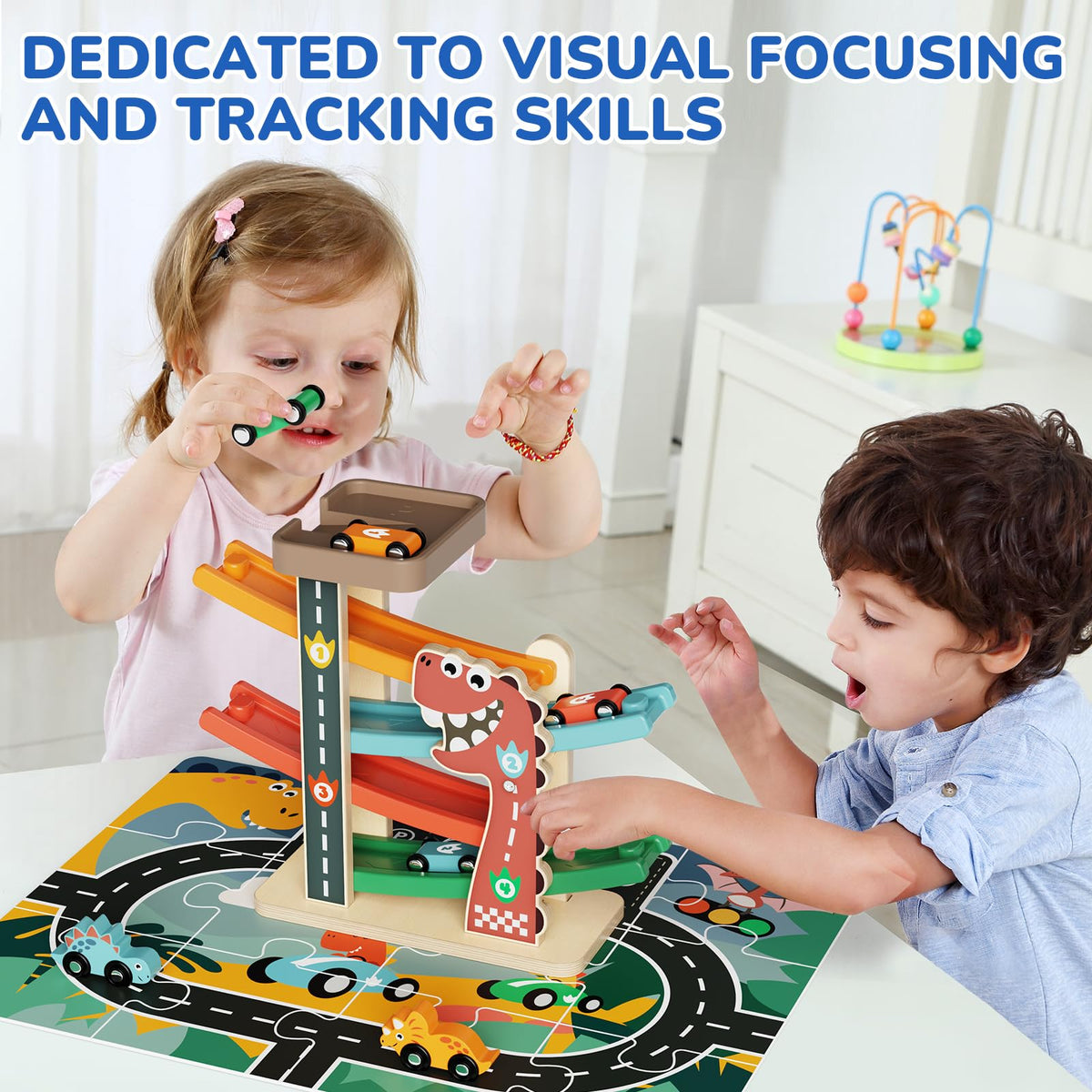 AmazingJoy Montessori car ramp dinosaur theme enhances imaginative play during family races