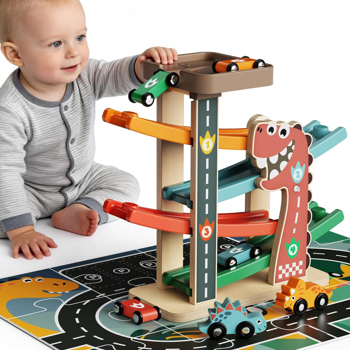 AmazingJoy Montessori car ramp top view shows four colorful cars ready to race