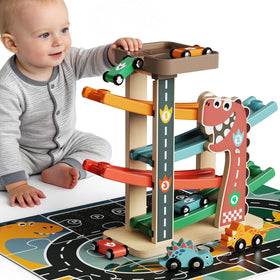 AmazingJoy Montessori car ramp top view shows four colorful cars ready to race
