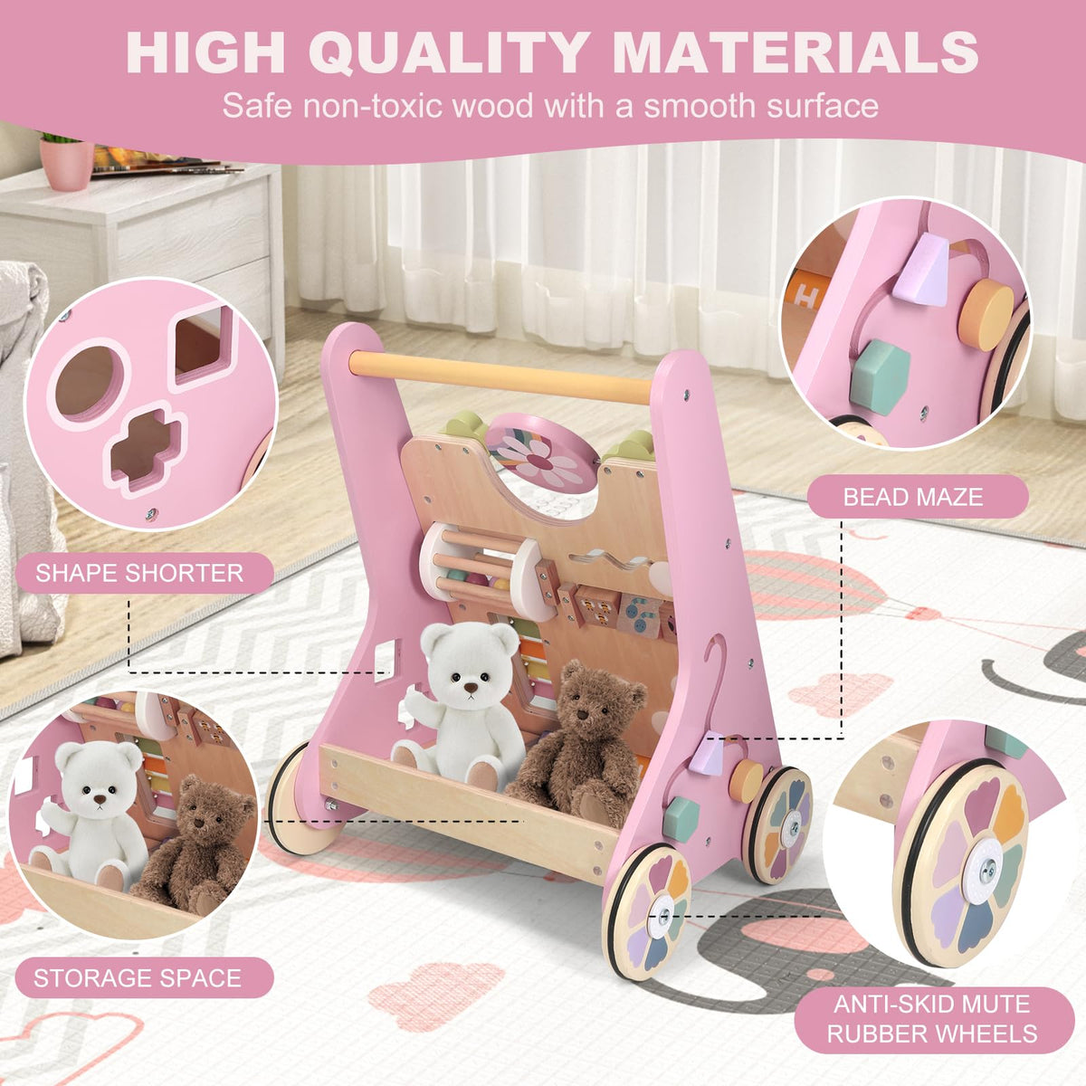 AmazingJoy wooden walker shows back storage compartment for toys.