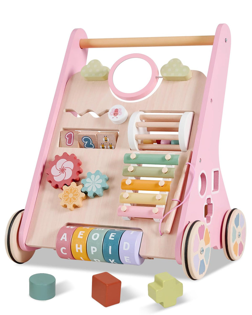 AmazingJoy wooden baby walker front view with smooth wheels for quiet, safe pushing.