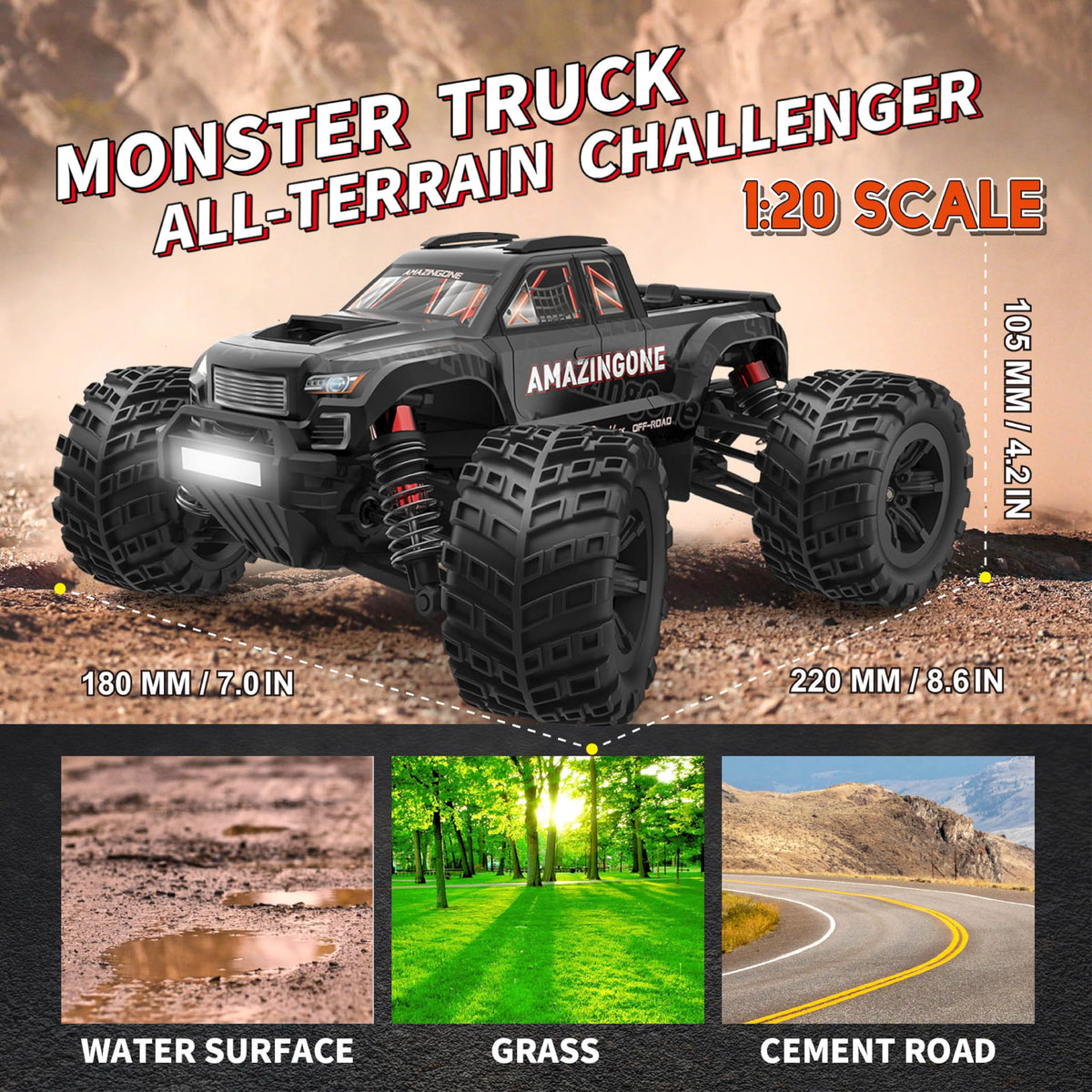 AMAZINGONE 20208 oil-filled shocks demonstrate smooth handling on rough terrain