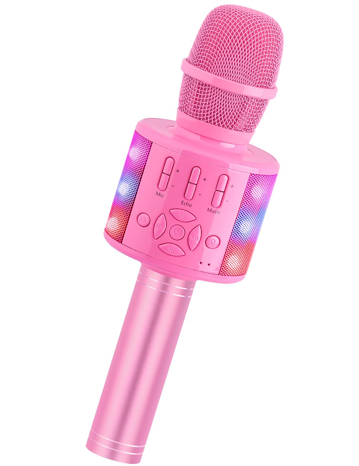 Amazmic Kids Karaoke Microphone with pink LED lights for lively sing-alongs.