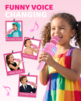 Amazmic kids microphone supports Bluetooth, TF card, and wired connections.
