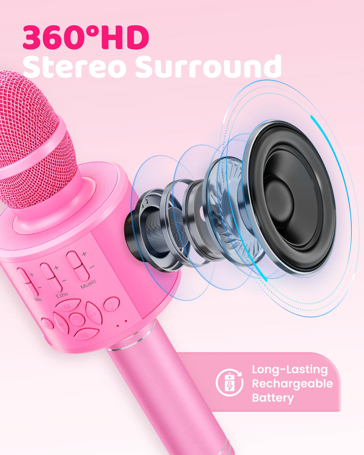 Amazmic wireless karaoke microphone with Bluetooth 5.0 for easy pairing.