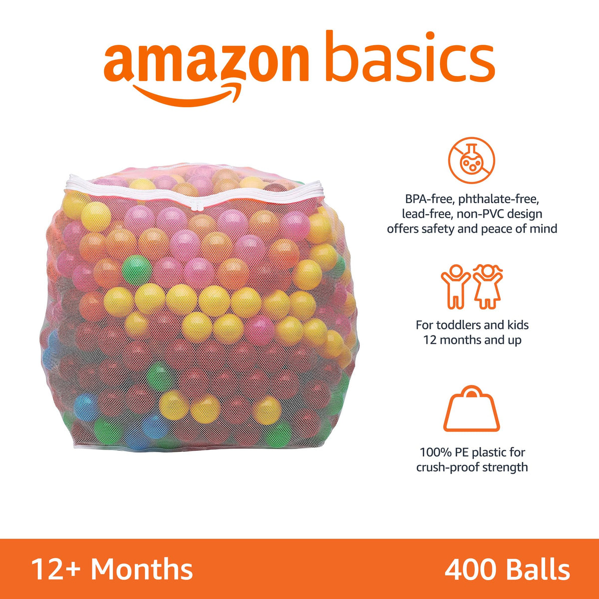 Amazon Basics ball pit balls with mesh storage bag for easy cleanup.