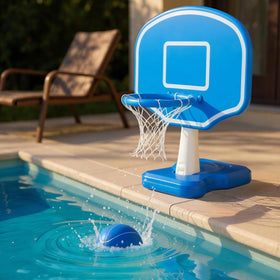 Amazon Basics pool basketball hoop with two balls for instant play.