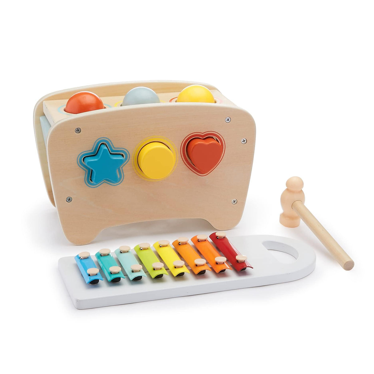 Amazon Basics pounding bench top with colorful balls boosts fine motor skills and cause-and-effect play.