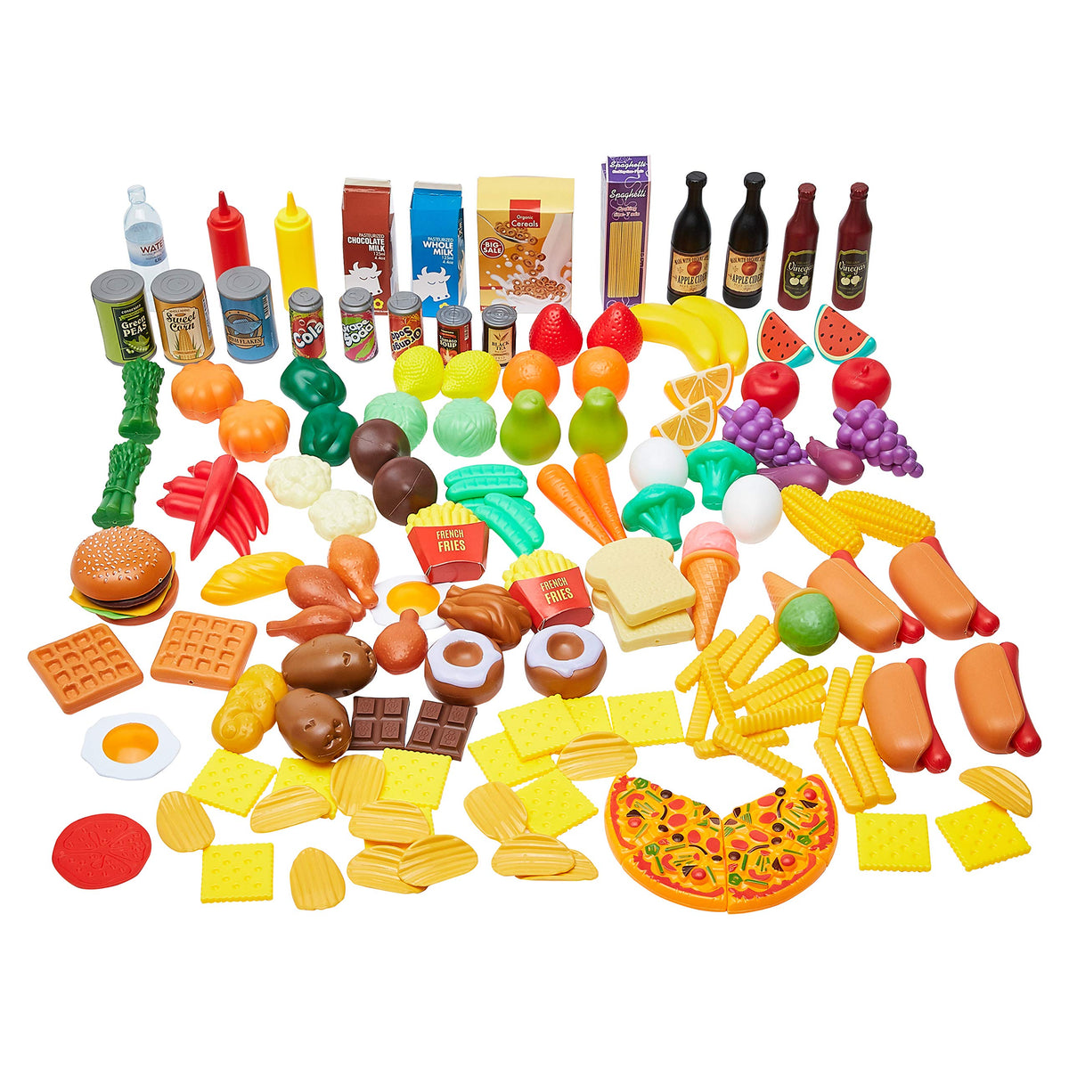 Amazon Basics 150-piece pretend play food set for imaginative meals.