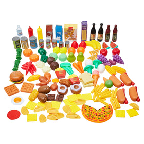 Amazon Basics 150-piece pretend play food set for imaginative meals.