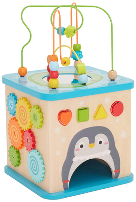 Amazon Basics wooden activity cube bead maze side supports fine motor skills and early problem solving.