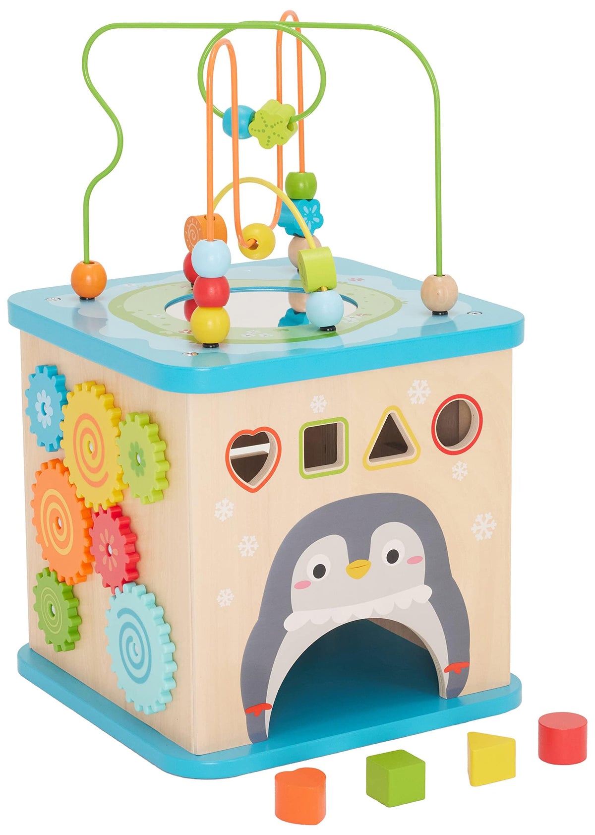 Amazon Basics wooden activity cube gear wheel side introduces basic gears and cause-effect play.