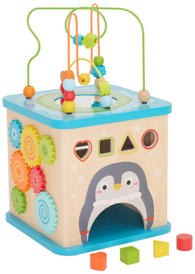 Amazon Basics wooden activity cube gear wheel side introduces basic gears and cause-effect play.