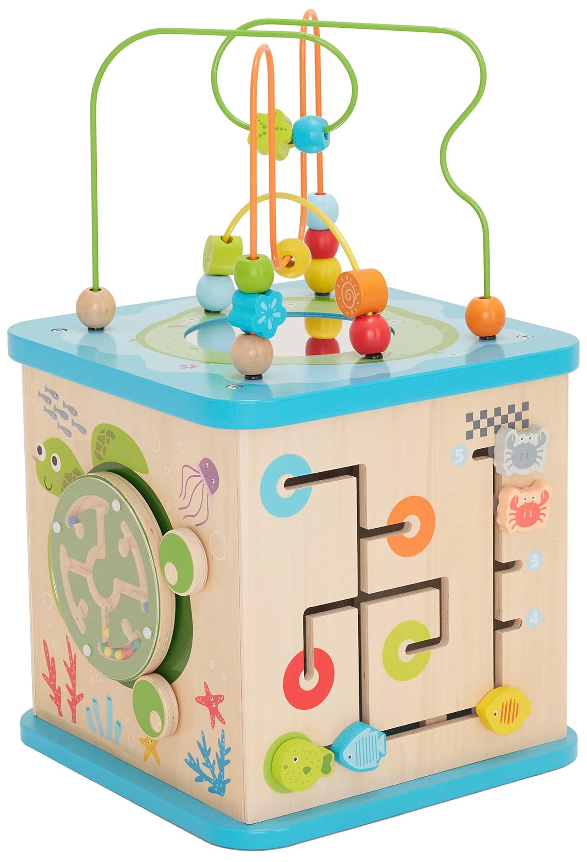 Amazon Basics wooden activity cube rotating turtle side engages little ones with motion and curiosity.