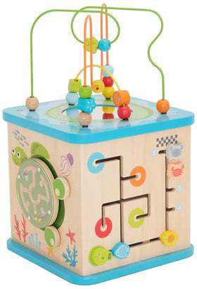 Amazon Basics wooden activity cube rotating turtle side engages little ones with motion and curiosity.