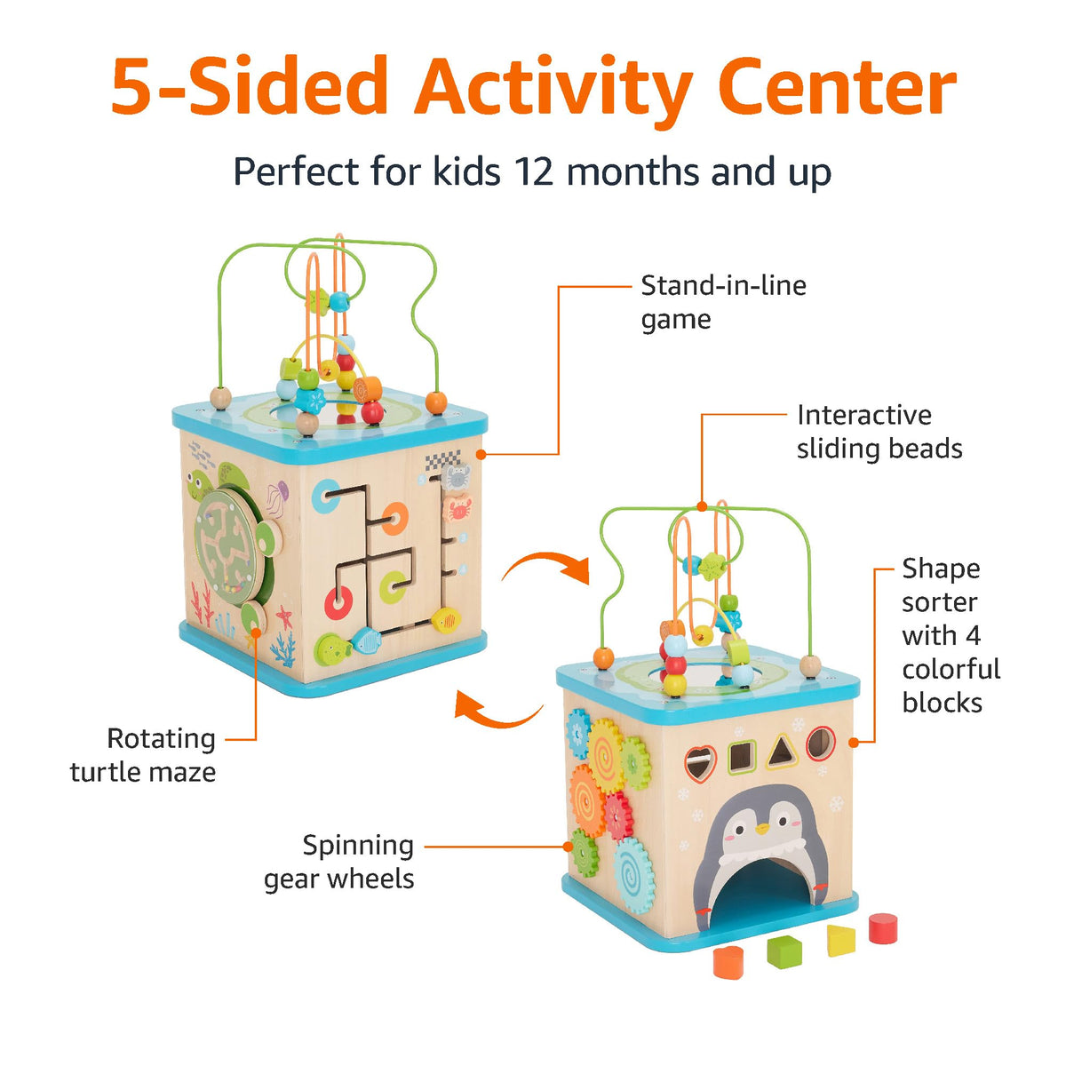 Amazon Basics wooden activity cube stand in line side helps sequencing and hand-eye coordination.